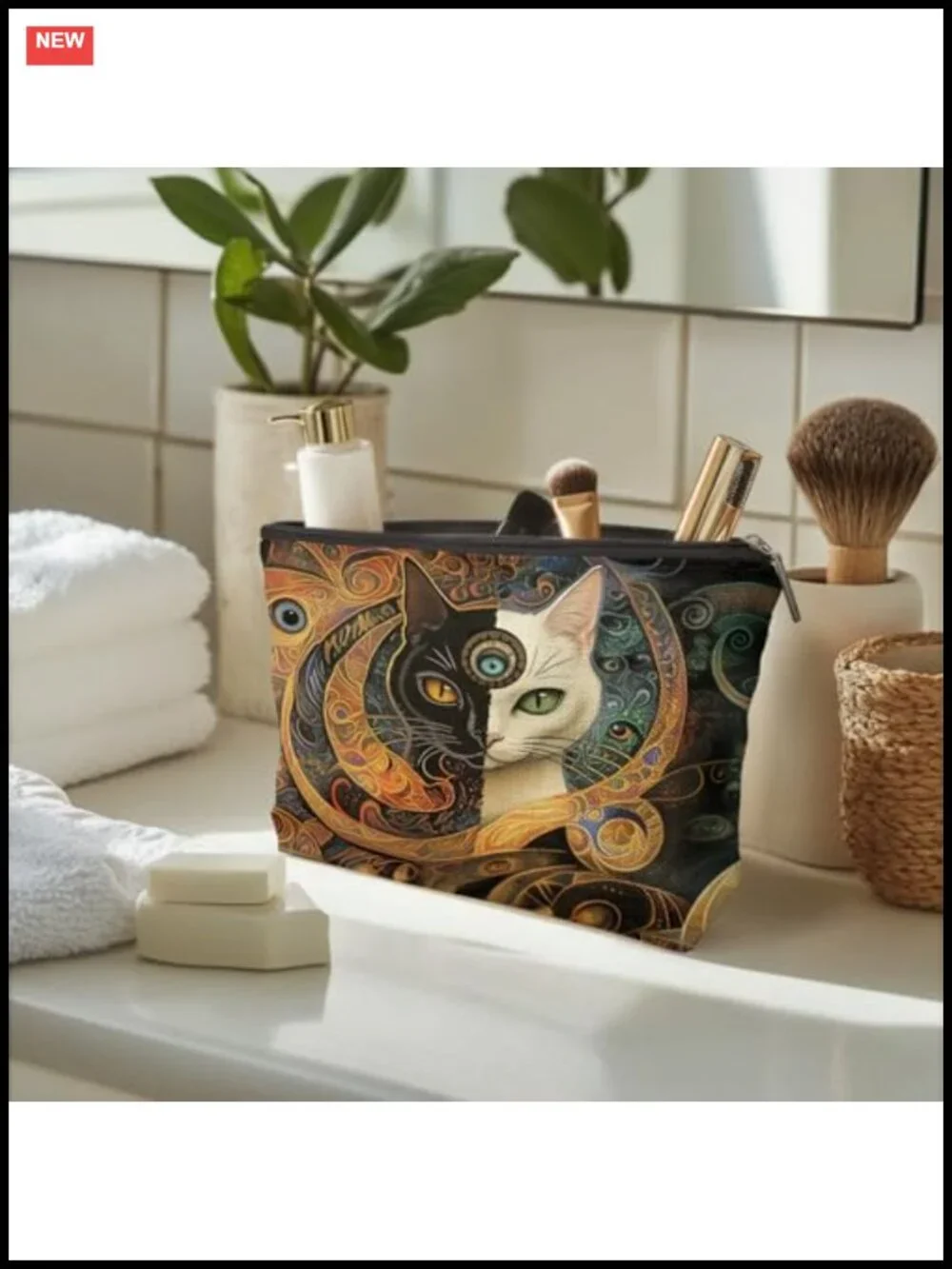 Boho Witchy Cat Makeup Bag, Waterproof Linen Cosmetic Pouch, Travel Toiletry